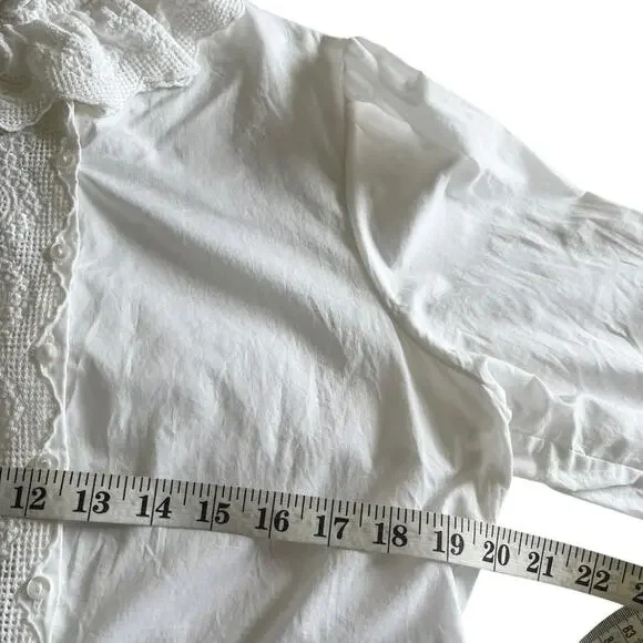 Anne Fontaine White 3/4 Bell Sleeve Embroidered Lace Ruffle Collar Blouse Sz 10 - Picture 8 of 10